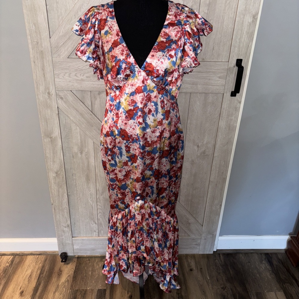 Lena Floral Ruffle Asymmetric‎ Maxi Dress Babydoll Cottagecore Flirty Artsy SzL